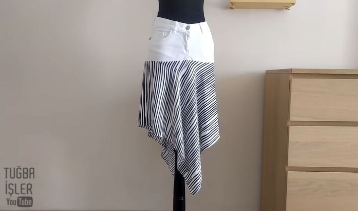 have an old pair of jeans some fabric make this asymmetrical skirt, Asymmetrical denim skirt