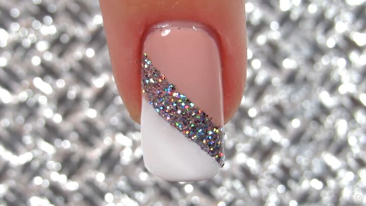 10 easy peasy nail art designs for beginners step by step tutorial, Diagonal line of pink white and glitter