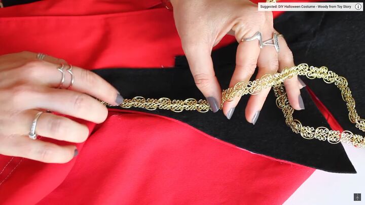 how to easily make a diy ringleader costume for halloween, Adding gold trim onto the ringleader costume