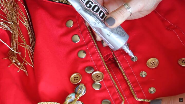 how to easily make a diy ringleader costume for halloween, Gluing the buttons and connectors