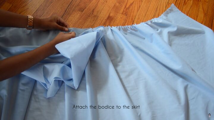 how to sew an alice in wonderland blue dress for cosplay or halloween, Attaching the bodice to the skirt
