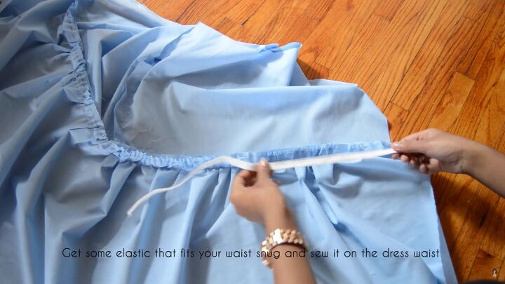how to sew an alice in wonderland blue dress for cosplay or halloween, Measuring elastic for the waistband