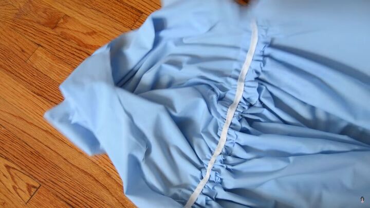 how to sew an alice in wonderland blue dress for cosplay or halloween, Pinning and sewing the waist elastic