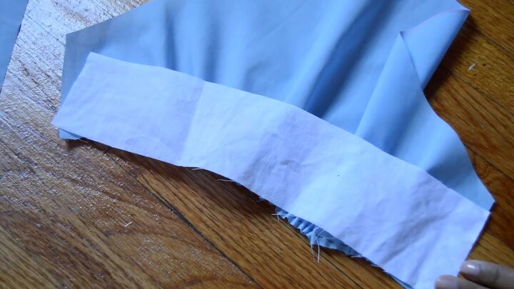 how to sew an alice in wonderland blue dress for cosplay or halloween, Adding white fabric for the sleeve cuffs