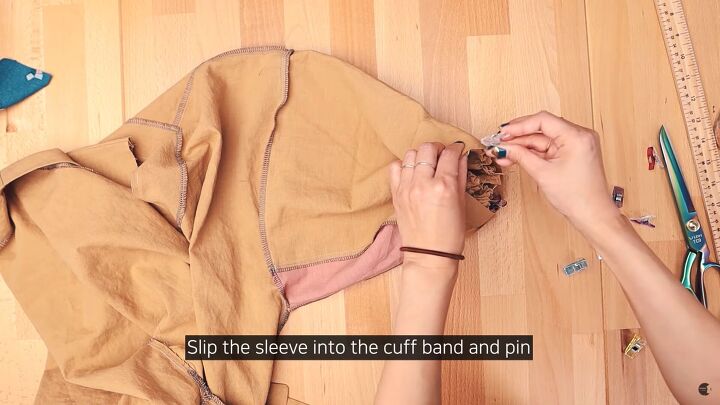 how to make giant puff sleeves fun oversized gathered sleeve hack, Pinning the cuff inside the sleeve