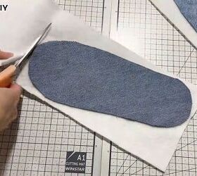 cute diy slippers tutorial how to make slippers from old jeans, Cutting the fusible fleece using the denim
