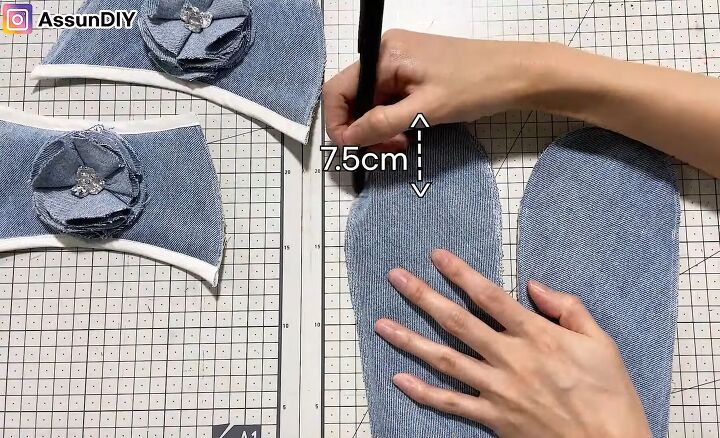 cute diy slippers tutorial how to make slippers from old jeans, Measuring the marking the DIY slippers