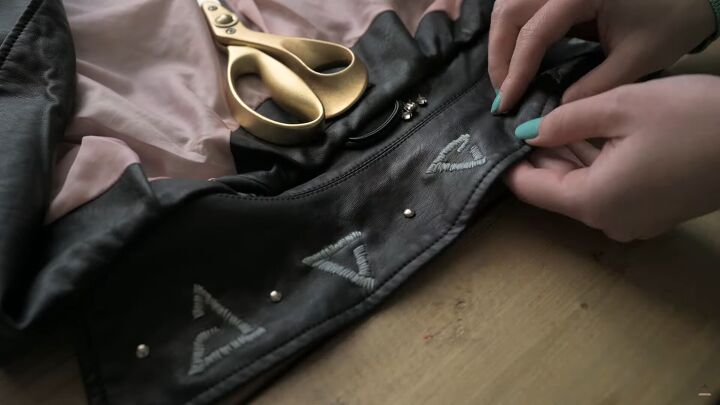 how to make a fierce diy witcher jacket worthy of geralt of rivia, Adding studs to the jacket collar