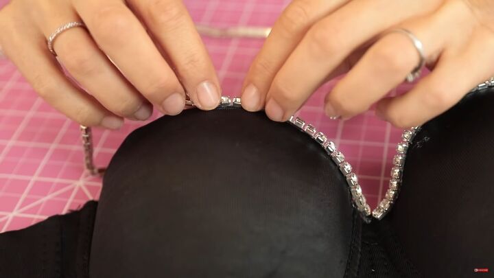 how to make a sexy sparkly diy spider web costume for halloween, Carefully place the trim on the curved edges