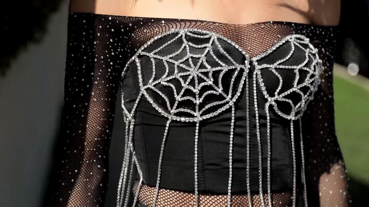 how to make a sexy sparkly diy spider web costume for halloween, Spider web costume DIY closeup