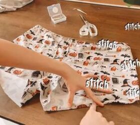 how to sew cute diy halloween pajamas perfect for scary movie nights, Hemming the pajama shorts