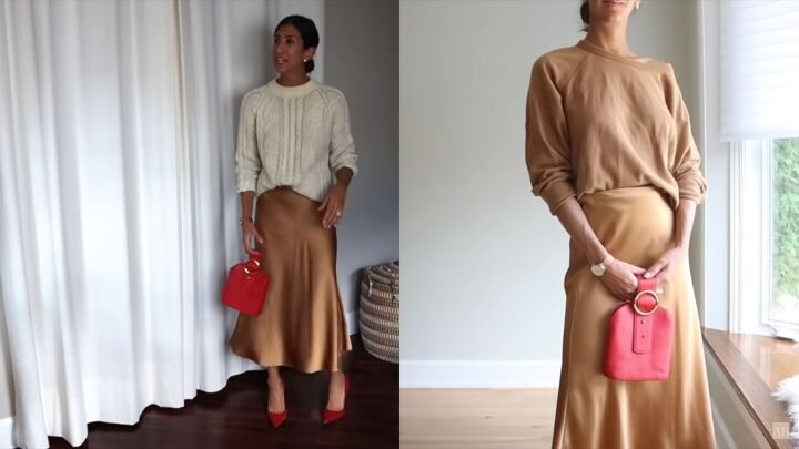 how to create trendy warm fall outfits from your existing wardrobe, Satin skirt with a knitted sweater