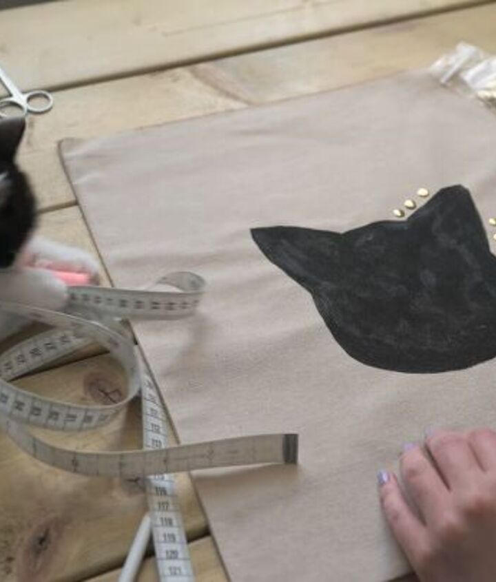 how to make a cute diy tote bag design with cats adorable, Adding studs around the cat design