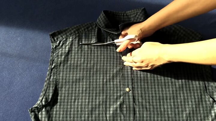 how to easily make a cute diy square neck top out of a men s shirt, Cutting the shirt to make a square neck top