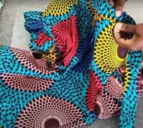 how to make an ankara dress with a pretty ruffle hem sleeves, Pinning the fabric to the neckline