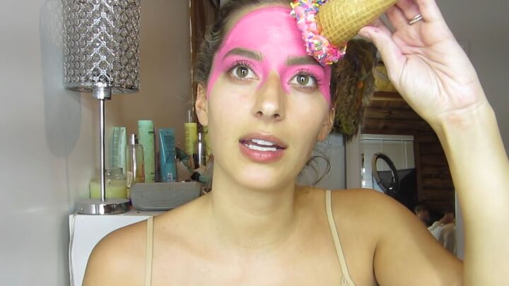 how to do cute ice cream makeup with face paint modeling clay, Sticking the ice cream cone with spirit gum