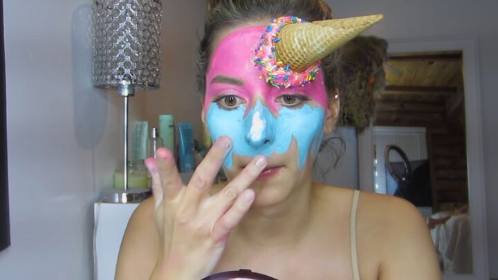 how to do cute ice cream makeup with face paint modeling clay, Blending the white face paint with color