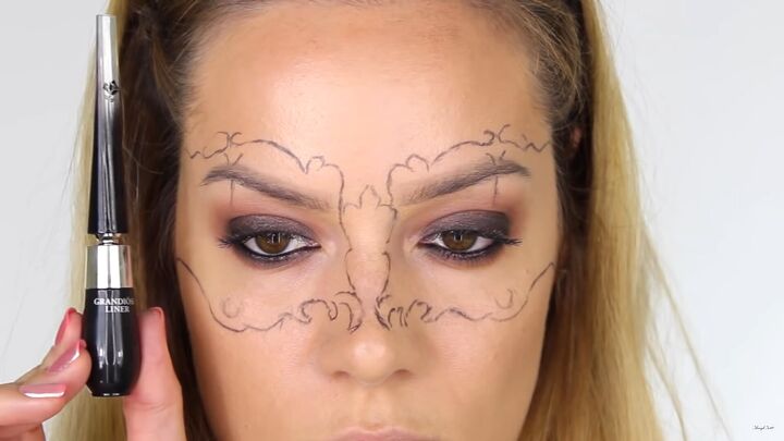 how to do intricate masquerade mask makeup with liquid eyeliner, Halloween masquerade ball makeup