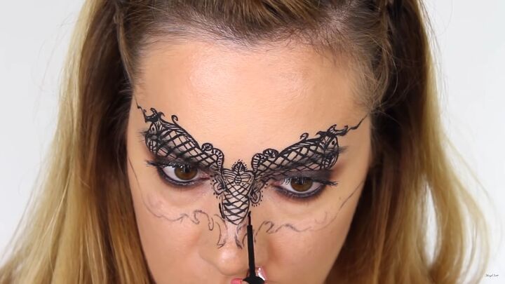 how to do intricate masquerade mask makeup with liquid eyeliner, How to create lace eye mask makeup