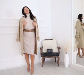 how to build a stylish capsule wardrobe for fall that is easy to use, Beige polo neck knit dress with a trench coat