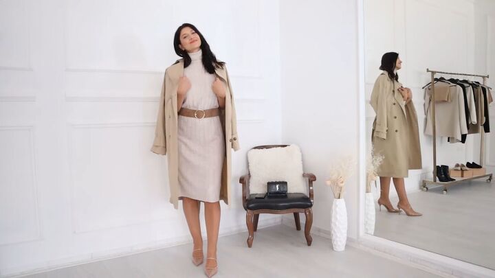how to build a stylish capsule wardrobe for fall that is easy to use, Beige polo neck knit dress with a trench coat