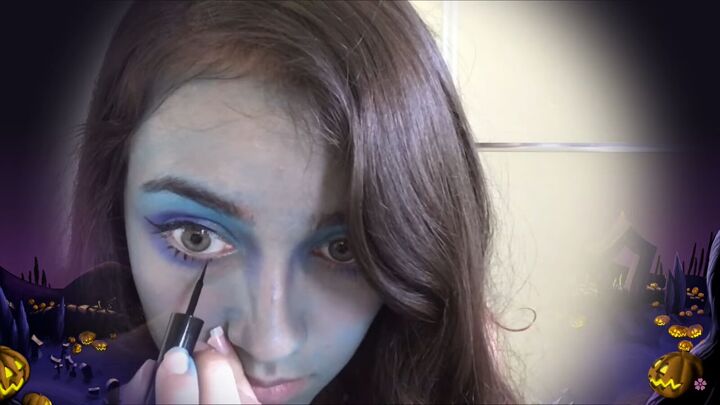 how to do the nightmare before christmas sally costume makeup, Applying liquid eyeliner to lower lashes