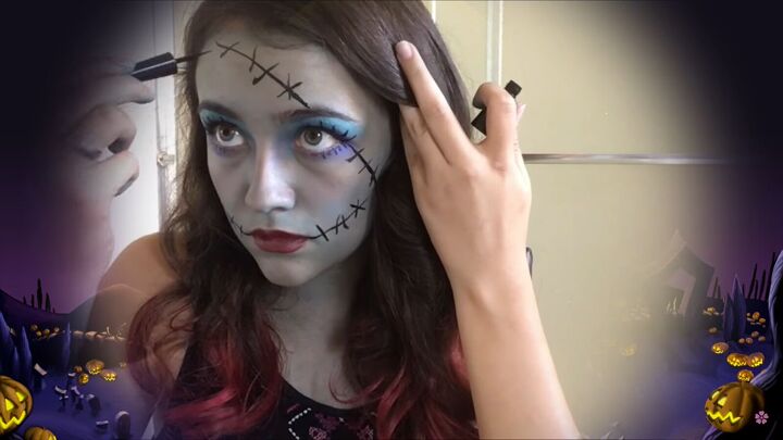 how to do the nightmare before christmas sally costume makeup, Drawing Sally s scars with makeup
