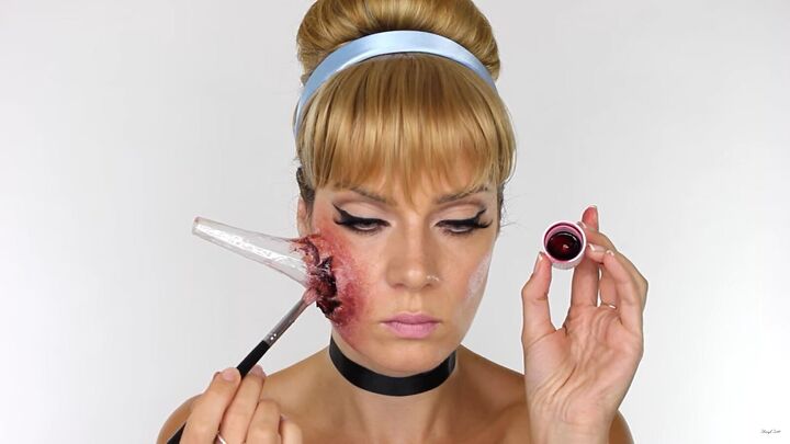 how to do scary halloween cinderella makeup with a glass slipper wound, Adding dark TV blood to the wound