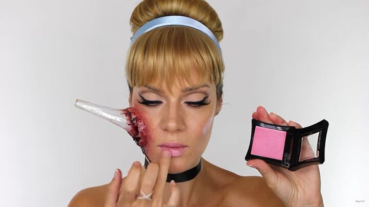 how to do scary halloween cinderella makeup with a glass slipper wound, Applying light pink blush as lipstick