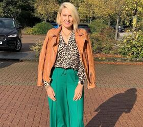 leather biker jacket style ideas for the autumn, Animal print and tan with a pop of green