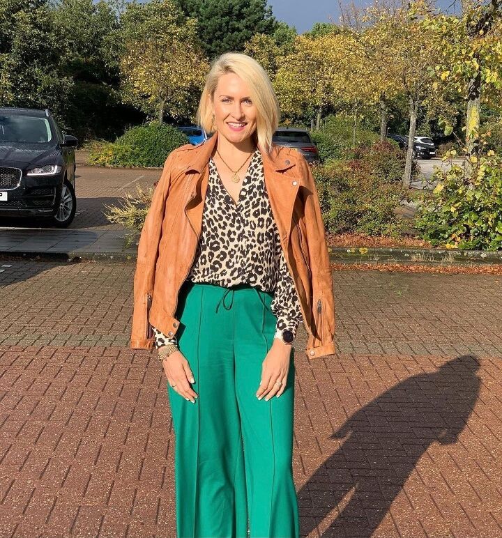 leather biker jacket style ideas for the autumn, Animal print and tan with a pop of green