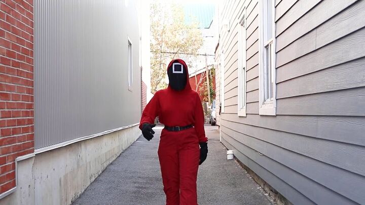 how to make an easy diy squid game guard costume red suit mask, DIY Squid Game costume red suit