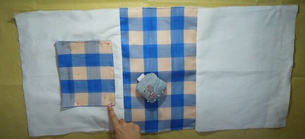 how to sew a reversible tote bag with pockets step by step tutorial, Pinning the pocket to the bag fabric