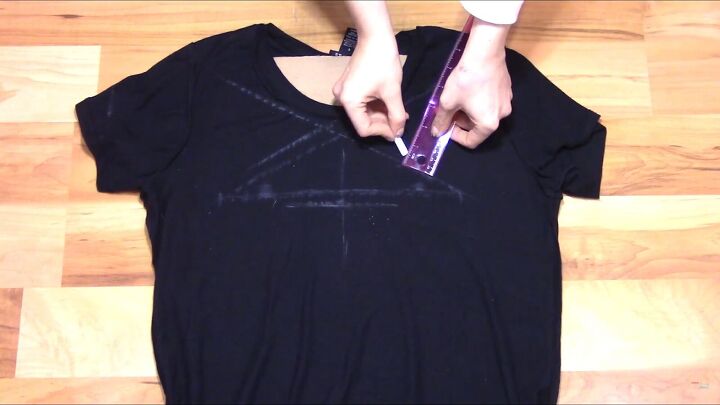 how to cut your t shirt neck into a witchy pentagram for halloween, Marking the star shape on the t shirt