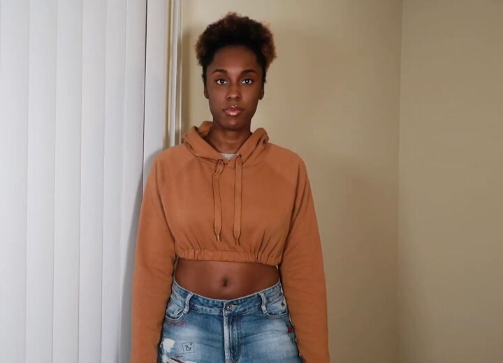 how to quickly easily crop a hoodie in 4 simple steps, DIY cropped hoodie with elastic waist