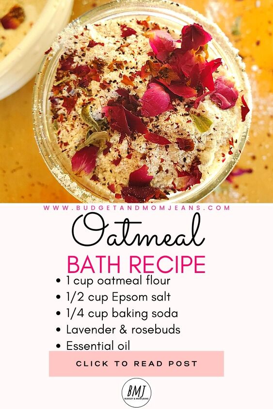 homemade oatmeal bath with rose buds and lavender, Pin for later
