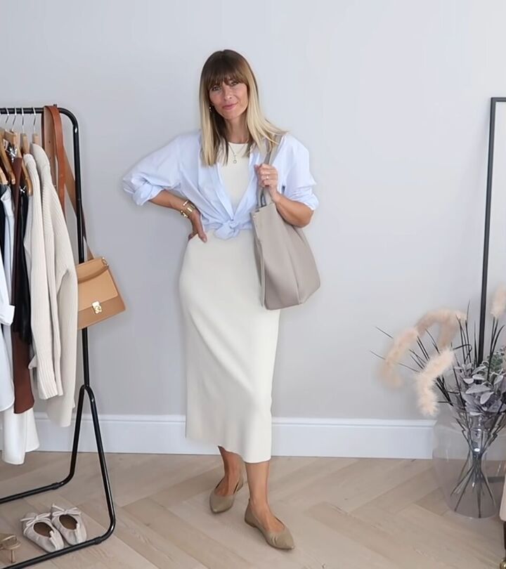 how to style a bodycon dress in 10 different elegant ways, Casual bodycon dress outfit with a tied shirt