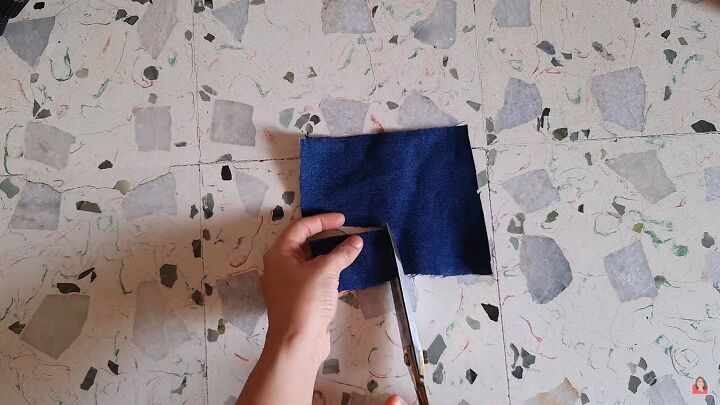 how to decorate a bucket hat to make a cute denim patchwork design, Cutting pieces of denim