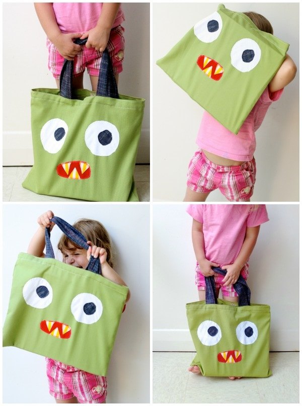 upcycle style monster tote bag from an old cushion cover