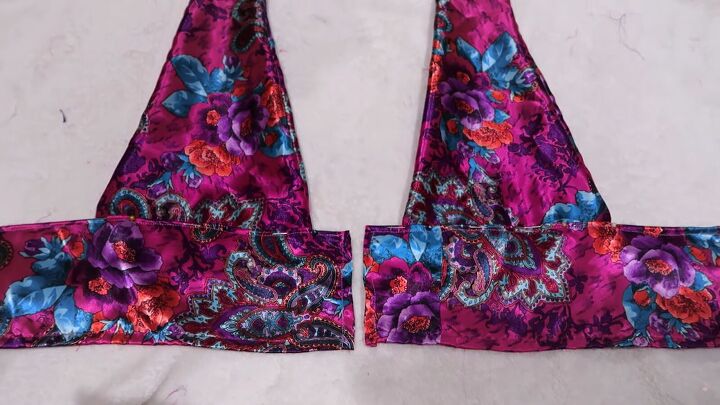 how to turn an old silky shirt into a cute diy plunge halter top, Sewing the cups to the band