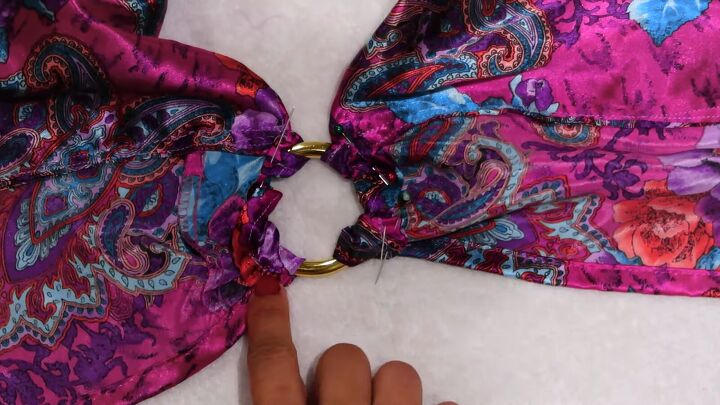 how to turn an old silky shirt into a cute diy plunge halter top, Hand sewing fabric around the ring
