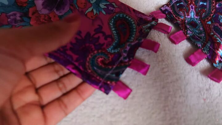 how to turn an old silky shirt into a cute diy plunge halter top, Sewing loops to the back of the halter top