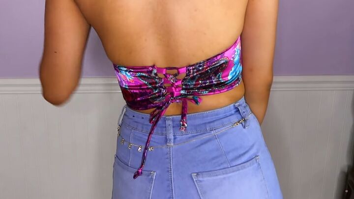 how to turn an old silky shirt into a cute diy plunge halter top, Creating a lace back DIY halter top