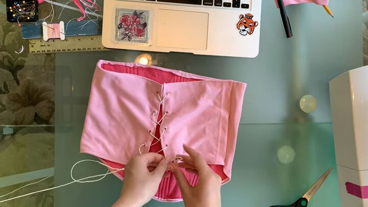 how to make a pretty diy corset tank top with old tees zip ties, Making a lace up back to the corset top