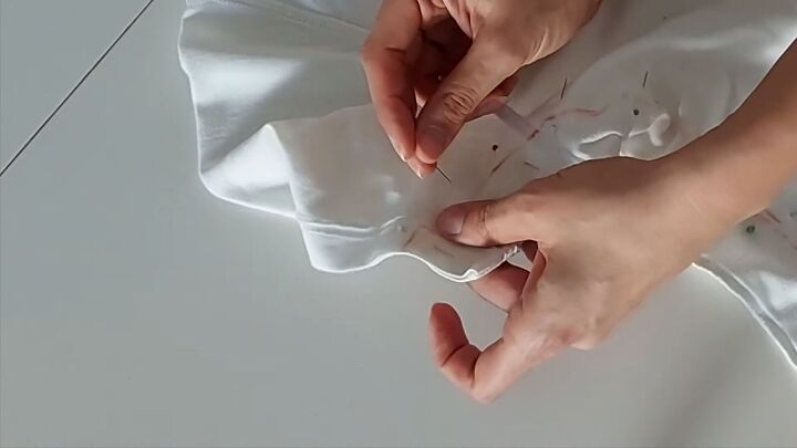 how to make a drawstring crop top out of an old t shirt, Pinning the t shirt