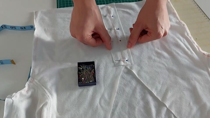 how to make a drawstring crop top out of an old t shirt, Pinning the casing to the top