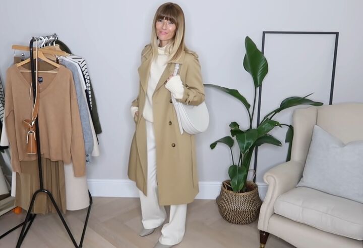 7 tips for styling effortlessly chic neutral color outfits this fall, Camel trench coat with an all white outfit