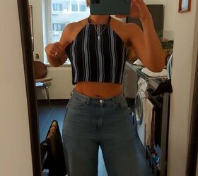 3 adorable diy crop tops you can make out of old clothes, Trying on the crop top and adjusting the size
