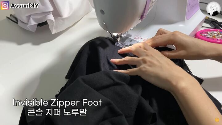 how to sew a high low skirt that can also be worn as an elegant cape, Using an invisible zipper foot