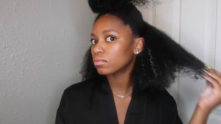 how to easily do a sleek top knot bun on natural hair, Applying products to natural hair